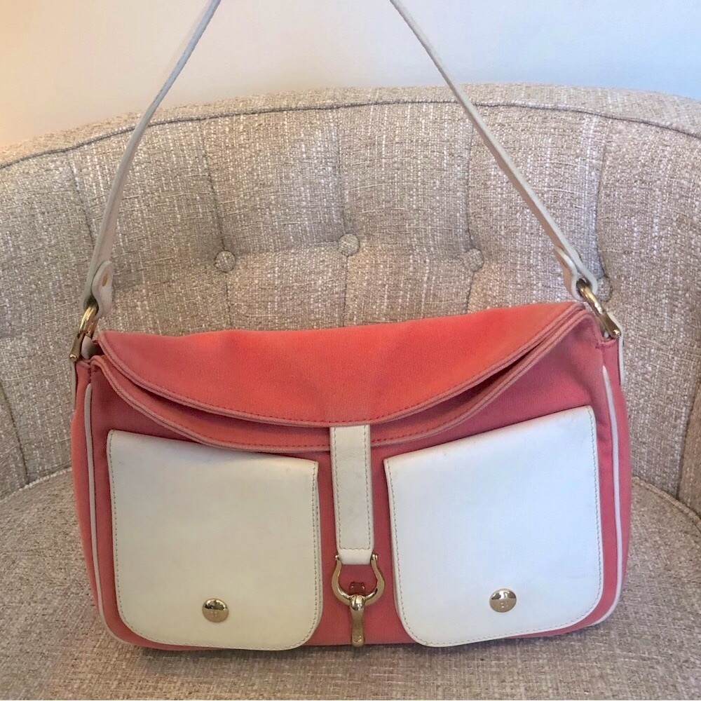 Vintage kate spade small hobo style bag pink canvas white leather